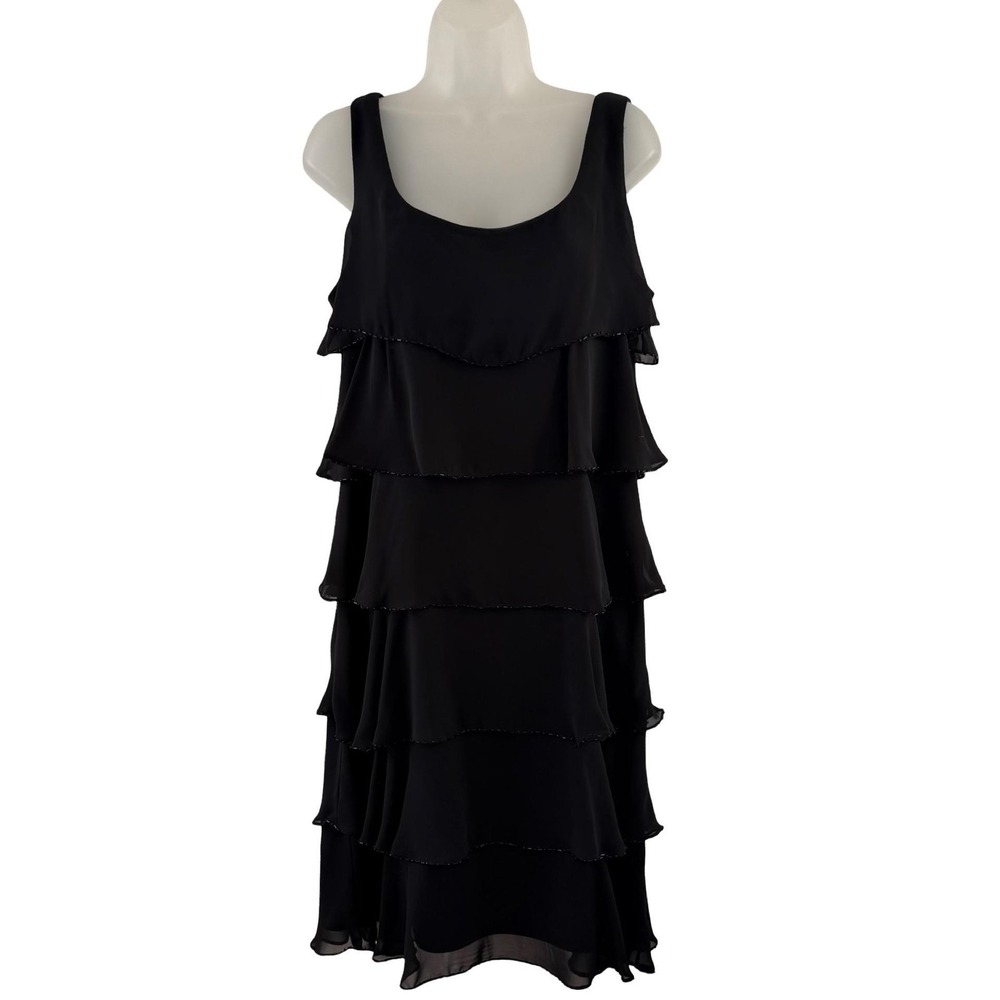 Patra Dress‎ Womens 14 Black Tiered Chiffon Beaded Tank Shift Midi Formal Swing
